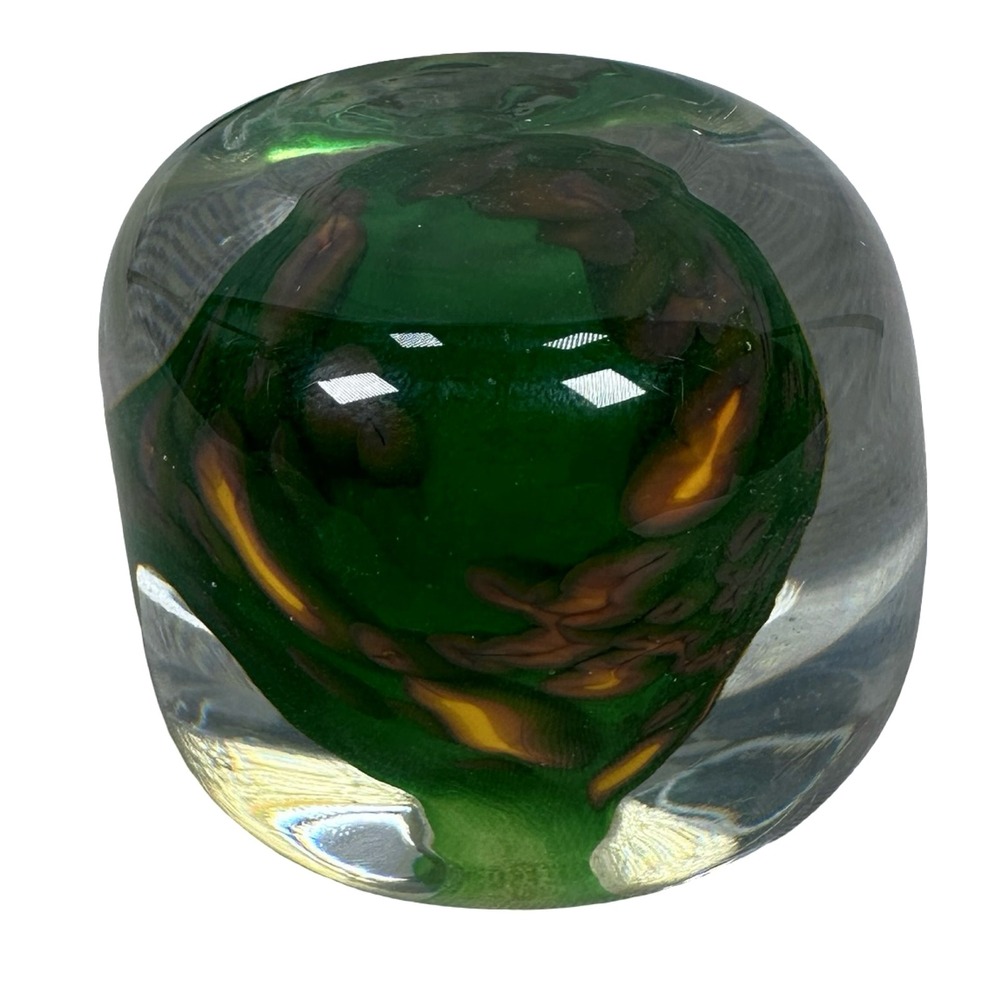 Artisan Signed Green Amber Art Glass Paperweight‎ Sphere 2004 Signed Orb - Picture 2 of 11
